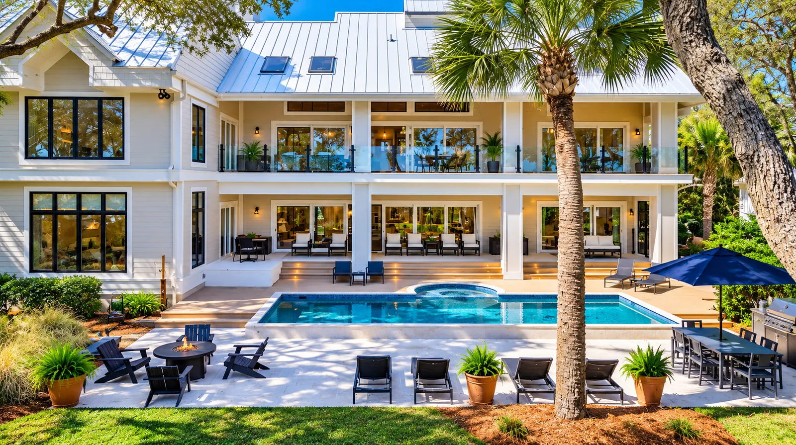 Estate rear elevation and pool in daylight