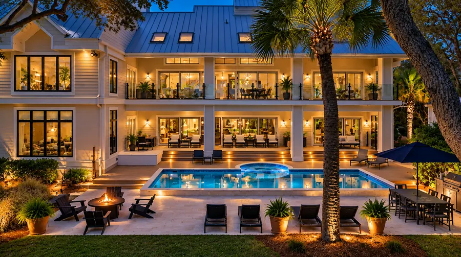 Pool, fire pit and palms under evening light