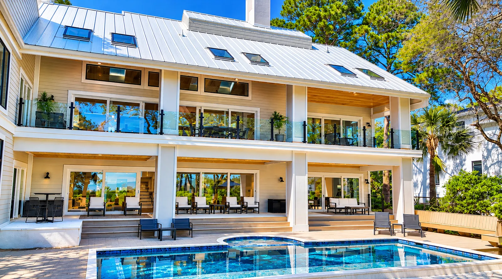Pool terrace and glass balconies in daylight