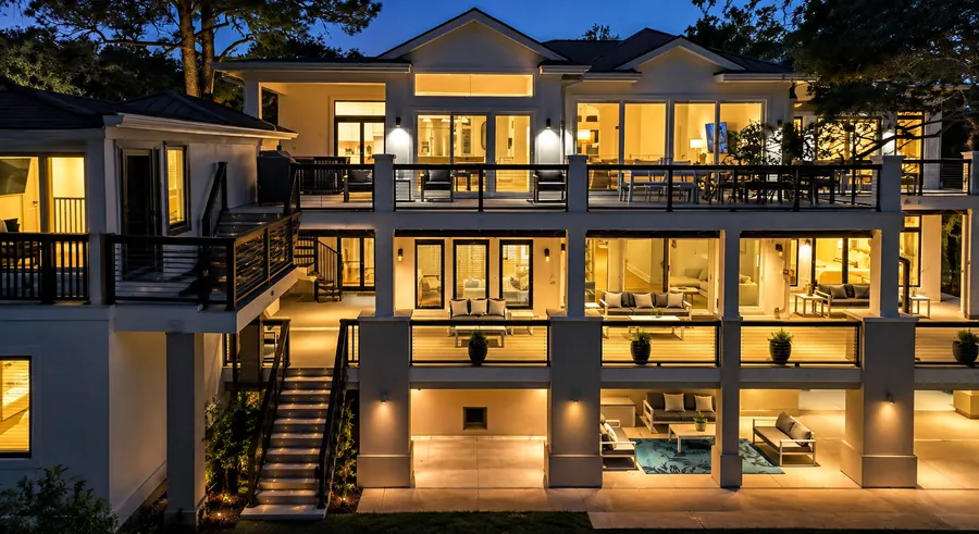 Three tiers of terraces glowing at night
