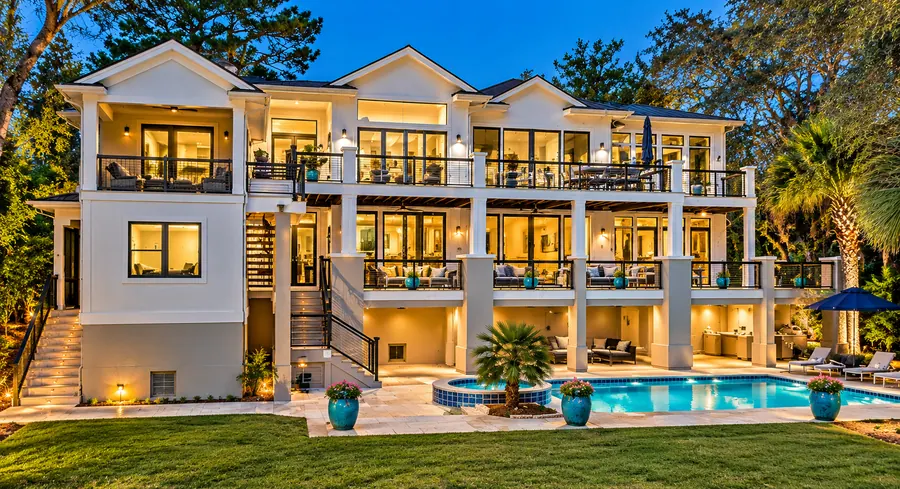 Estate with pool and spa at blue hour
