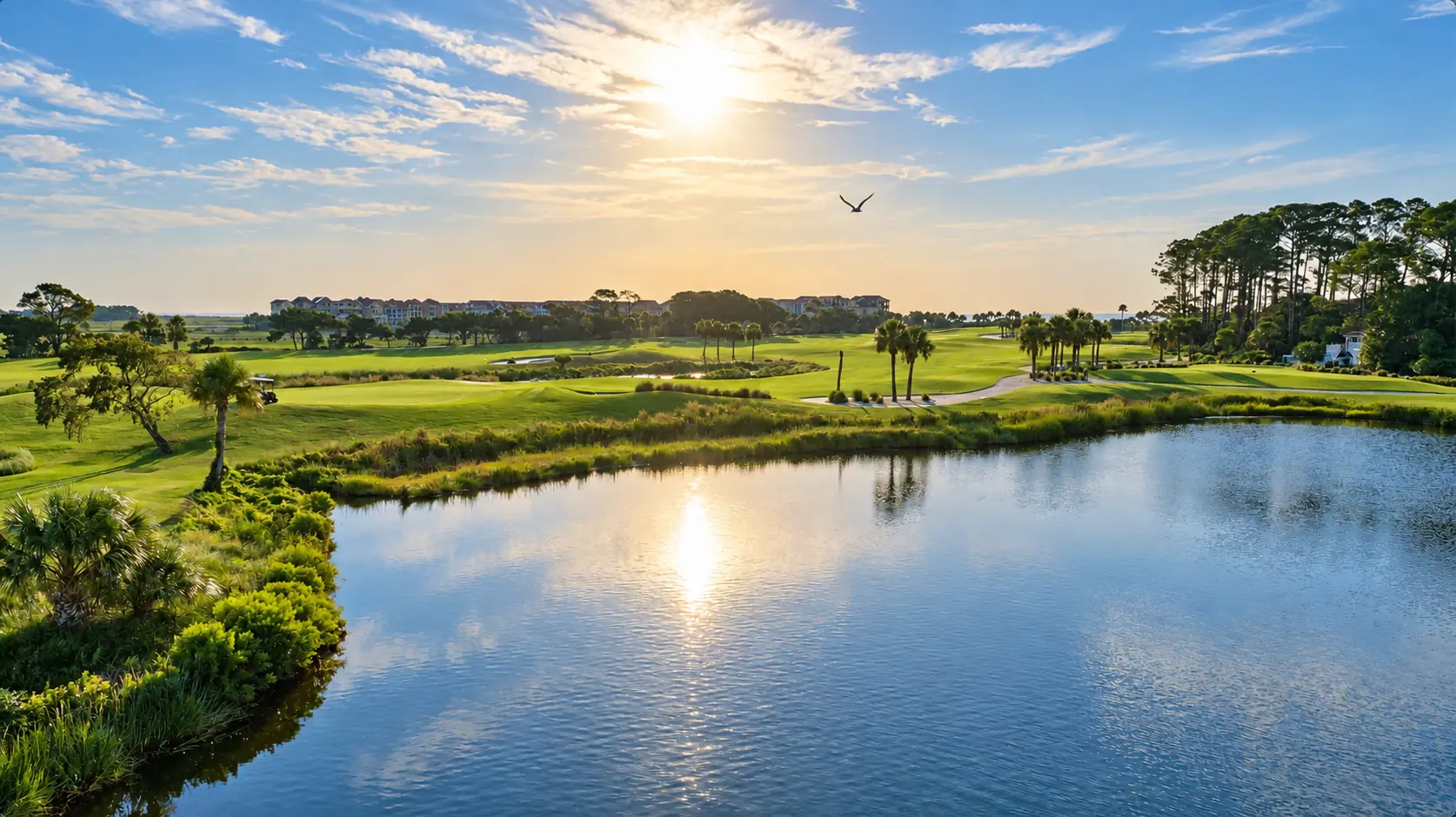 Morning light over a lagoon on Hole 10, a bird crossing the sky