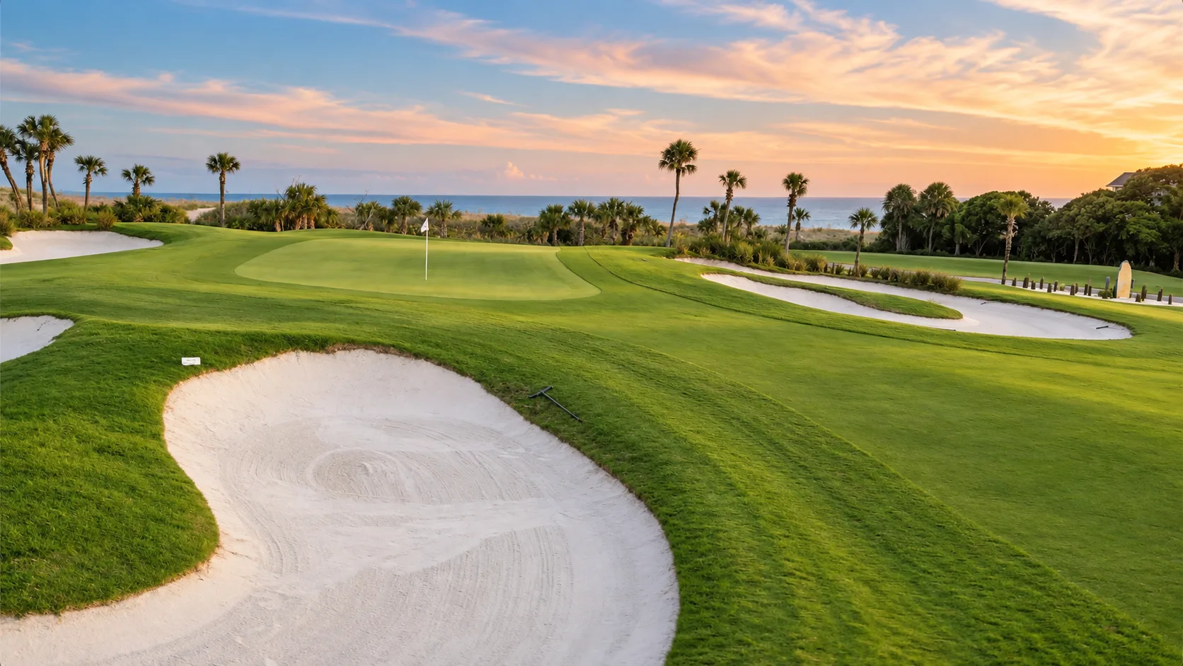 Bunker and green with the ocean beyond at sunset